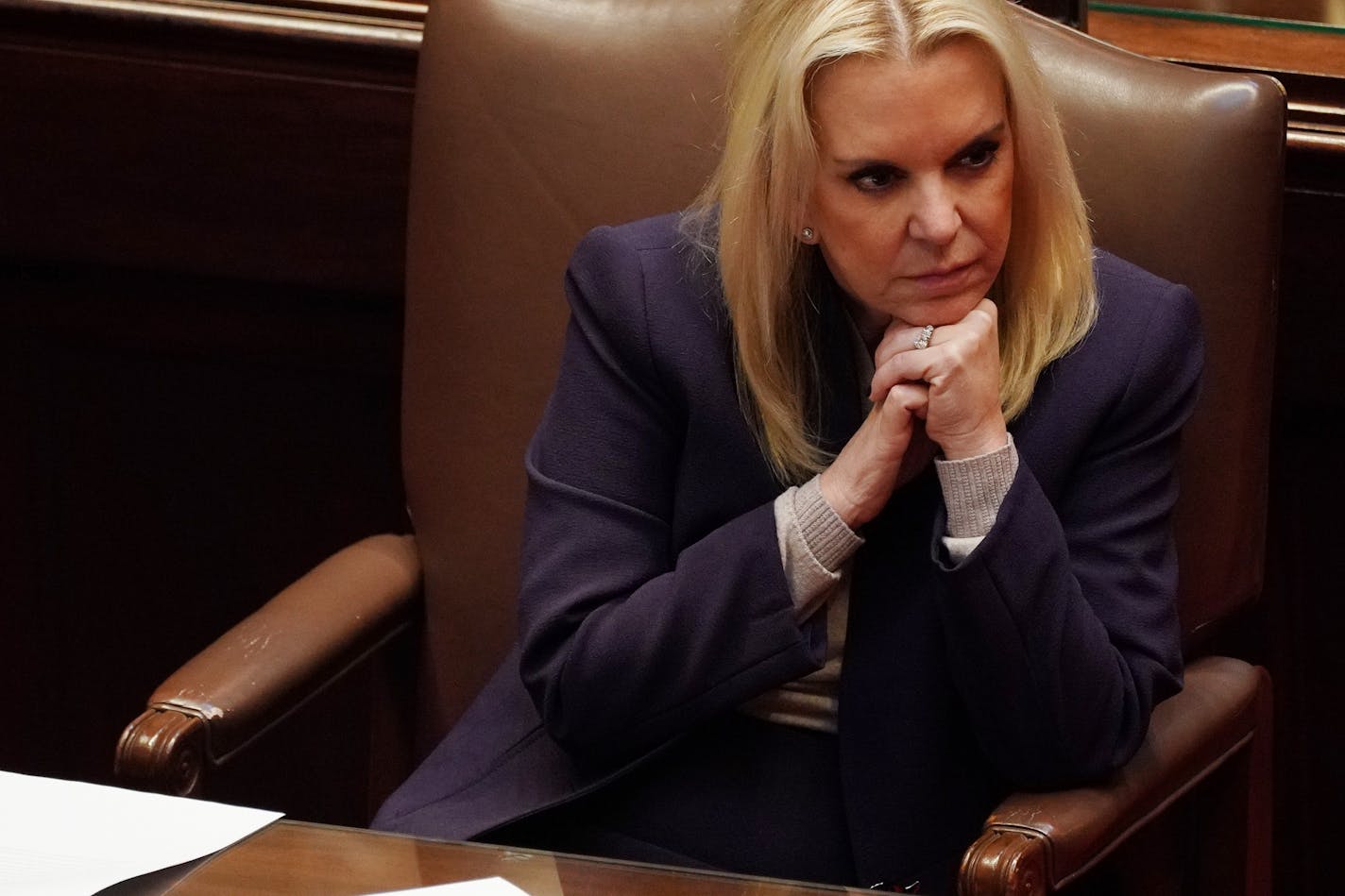 Sen. Karin Housley (R-St. Marys Point), who lost a special election bid for the U.S. Senate to Tina Smith to complete the final two years of the Senate term of Democrat Al Franken, listened from her seat in the Senate Chamber on the first day of the legislative session.