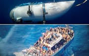 Top, undated handout photo shows Titan, the submersible that vanished on expedition to the Titanic wreckage. Bottom, a fishing boat carrying migrants 