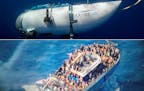 Top, undated handout photo shows Titan, the submersible that vanished on expedition to the Titanic wreckage. Bottom, a fishing boat carrying migrants 