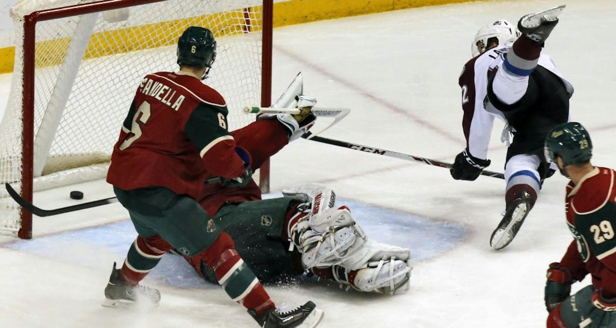 Gabriel Landeskog, right, scored a goal in the second period Saturday in St. Paul.