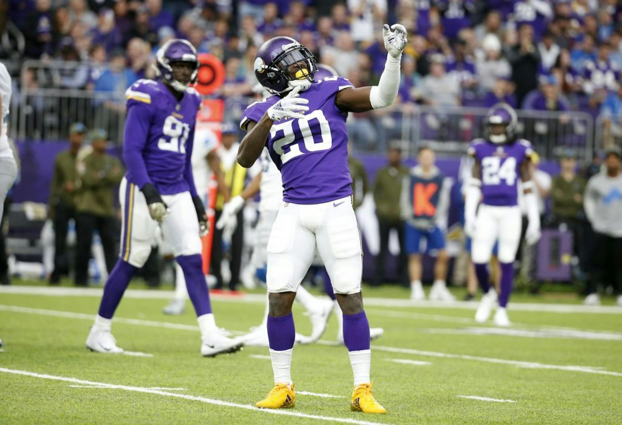 Minnesota Vikings cornerback Mackensie Alexander celebrates after sacking Detroit Lions quarterback Matthew Stafford during the second half of an NFL football game, Sunday, Nov. 4, 2018, in Minneapolis.