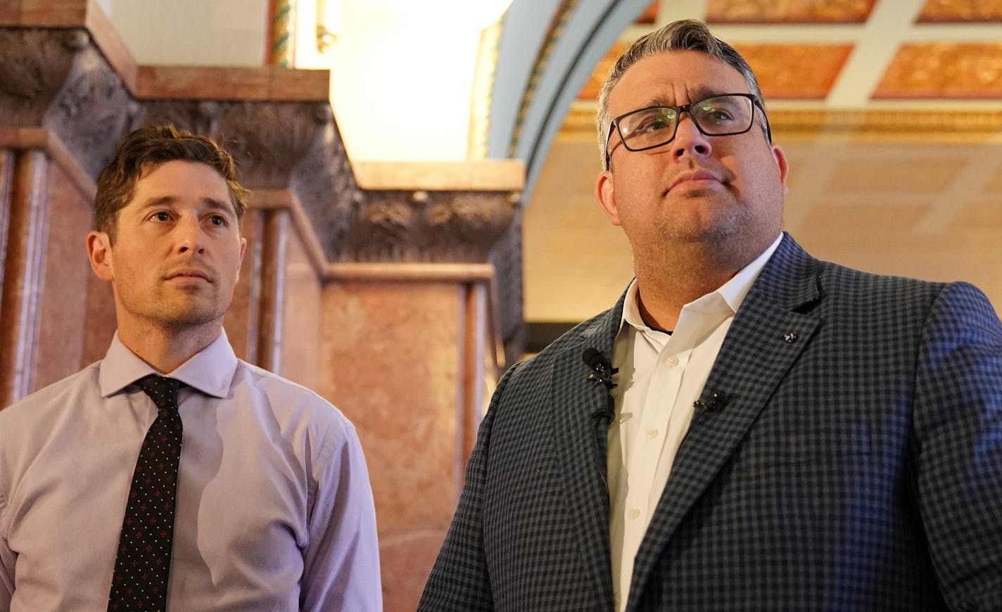 Sheriff elect Dave "Hutch" Hutchinson, who pulled one of the biggest upsets of election night by narrowly defeating Hennepin County Sheriff Rich Stanek, stood with Minneapolis Mayor Jacob Frey during a victory news conference Wednesday. At the time of the press conference Stanek had yet to officially concede.