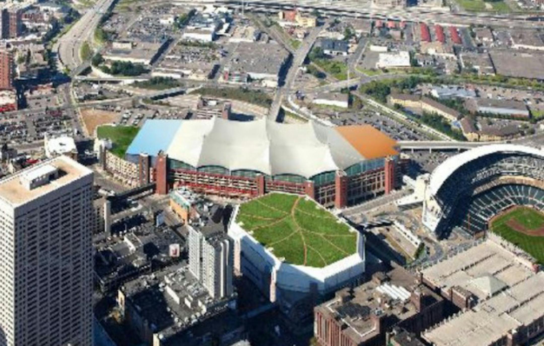 A privately funded plan involves covering two ramps adjacent to Target Center (with green roof) and using the space for athletic facilities, a driving range, a running track and a club house.
