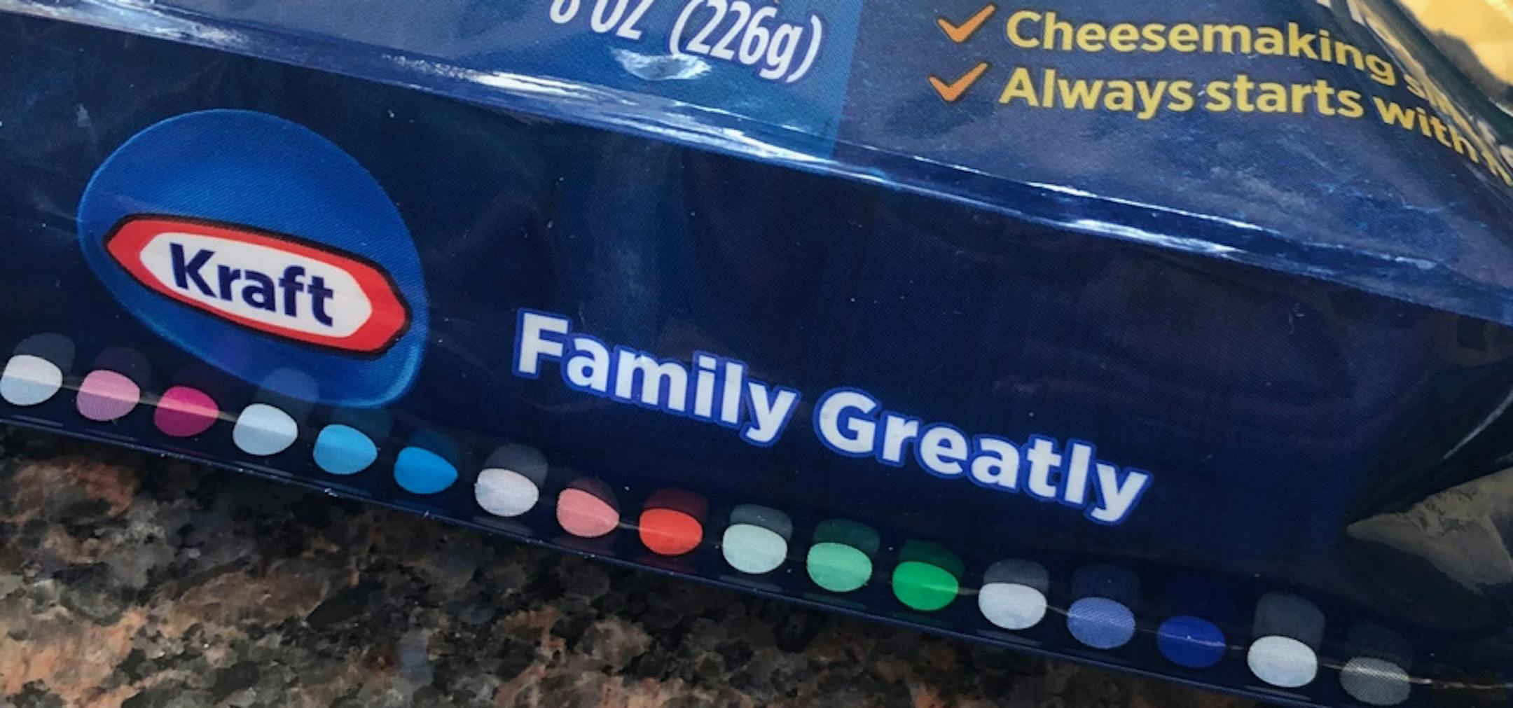 Kraft cheese with the suspect tagline "Family greatly."
