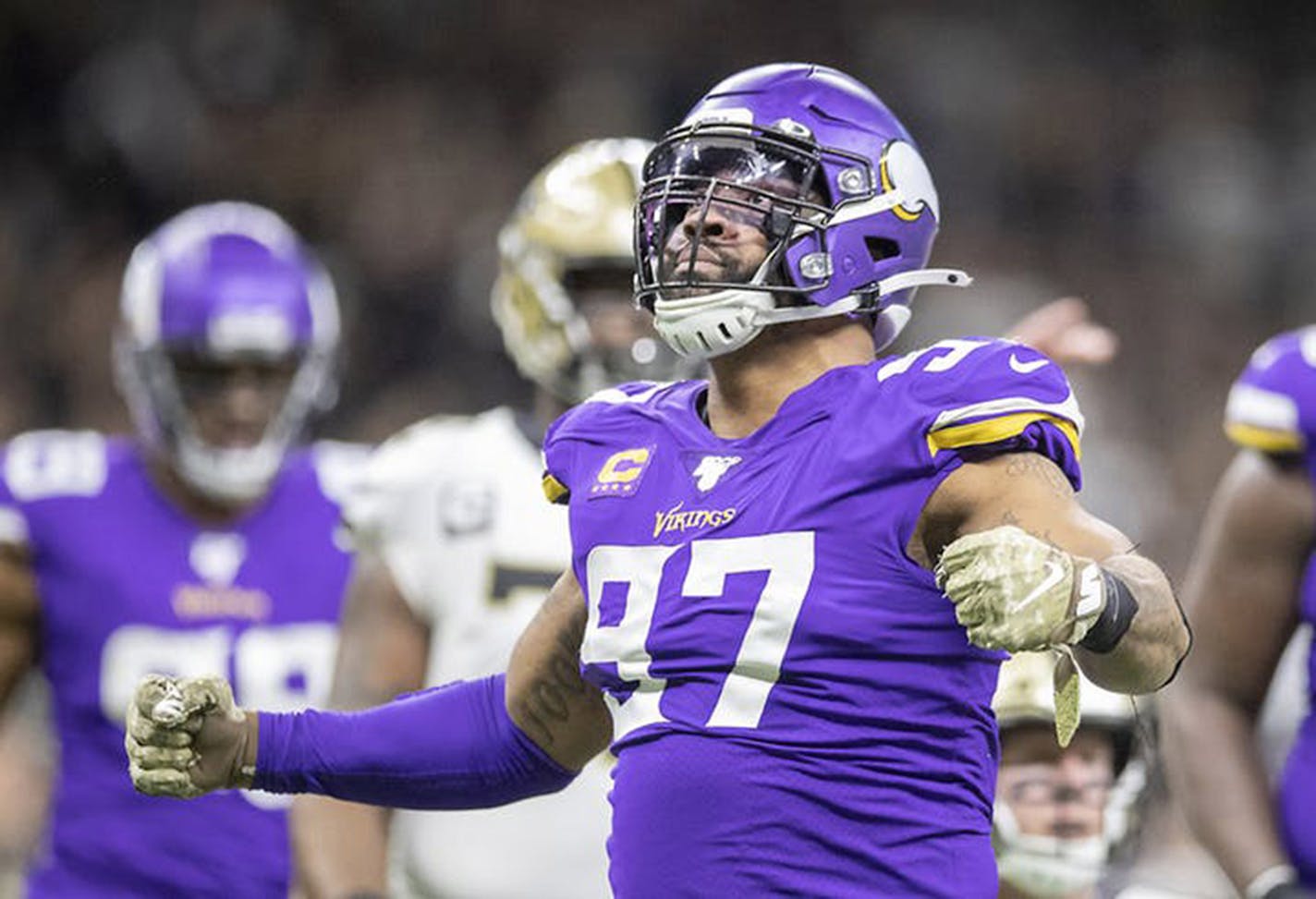 The Minnesota Vikings' Everson Griffen (97) celebrates a play against the New Orleans Saints on January 5, 2020, in New Orleans. The veteran defensive end is set to make his debut for the Detroit Lions on November 8, 2020, in Minneapolis against the Vikings. (Elizabeth Flores/Minneapolis Star Tribune/TNS) ORG XMIT: 1819198