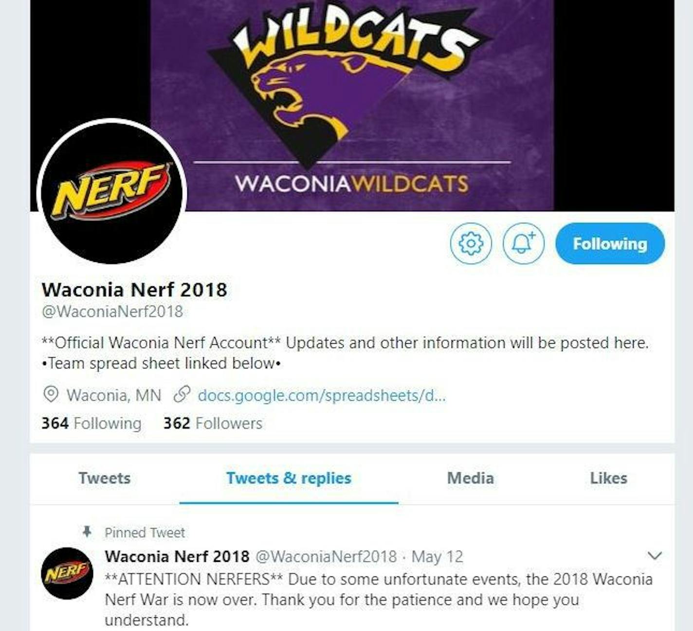 This Twitter account acted as the headquarters for a Nerf Wars game in Waconia. It includes a spreadsheet that kept track of the participants.