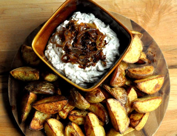 Caramelized Onion Dip with Roasted Potato Wedges