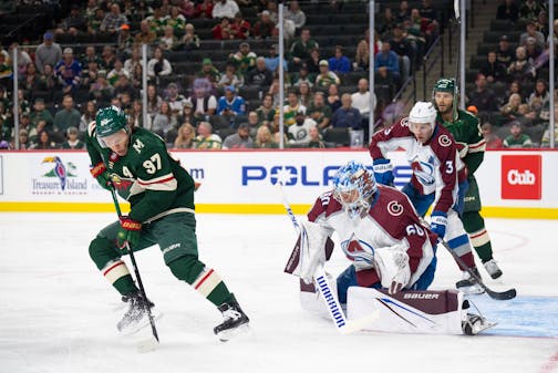 Minnesota Wild left wing Kirill Kaprizov (97) as he spun around and and scored on Colorado Avalanche goaltender Justus Annunen (60) early in the first period. The Minnesota Wild faced the Colorado Avalanche in an NHL preseason hockey game Thursday night, September 28, 2023 at Xcel Energy Center in St. Paul. ] JEFF WHEELER • jeff.wheeler@startribune.com