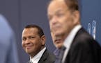 Alex Rodriguez joined Marc Lore and Timberwolves and Lynx owner Glen Taylor during a news conference Monday.