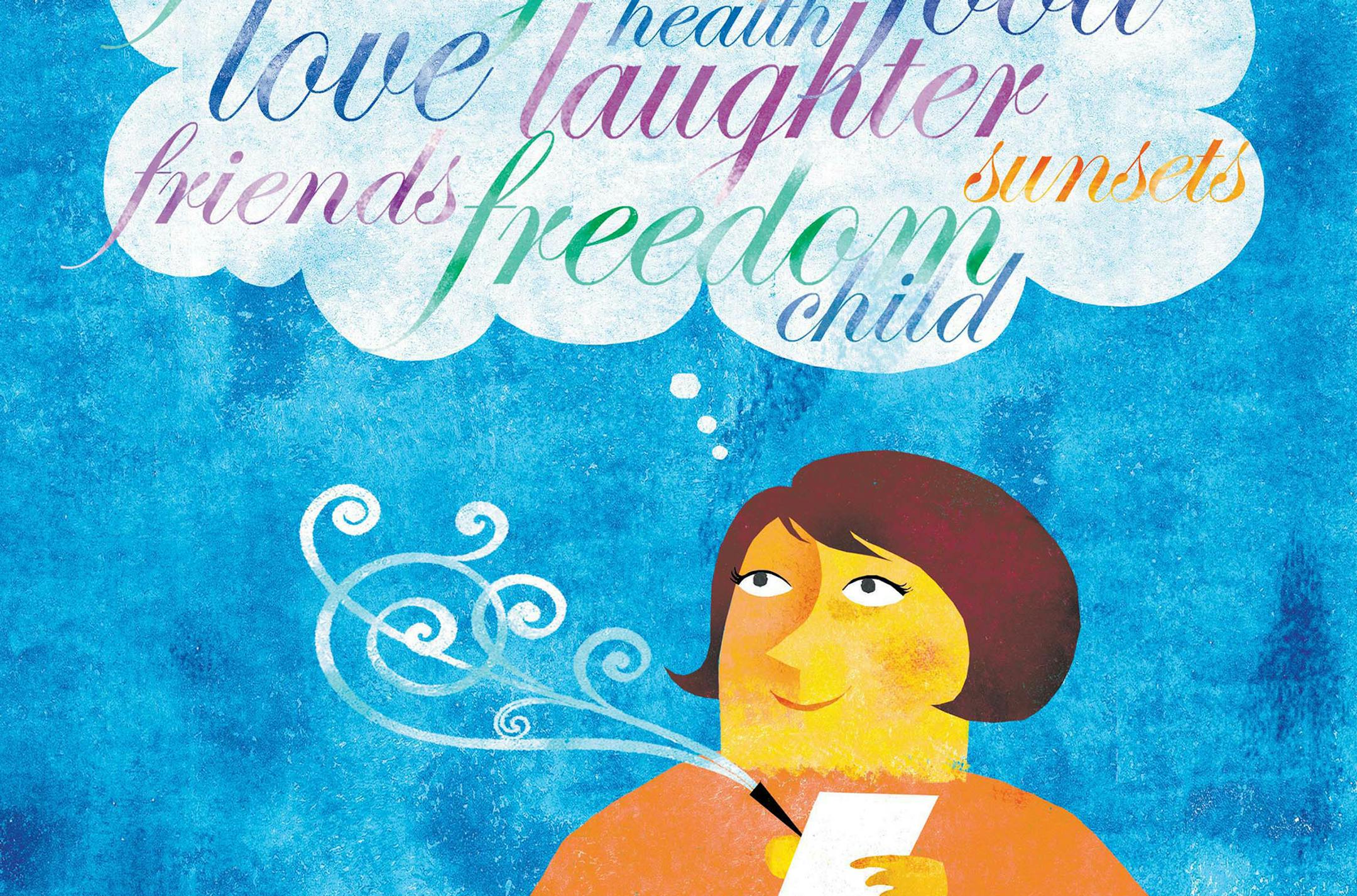 300 dpi Sharon Kilday color illustration of a woman thinking about things to be thankful for. The Dallas Morning News 2007<p> KEYWORDS: gratitude illustration grateful thankfulness happiness therapy virtue virtues family writing journal journaling scrapbook scrapbooking 08003001, advice, ODD, PEO, people, 10004000, FEA, krthobby hobby, krtlifestyle lifestyle, LEI, leisure, LIF, 14006000, 14024004, adult, krtfamily family, krtsocialissue social issue, SOI, 08000000, HUM, krtfeatures features, krt