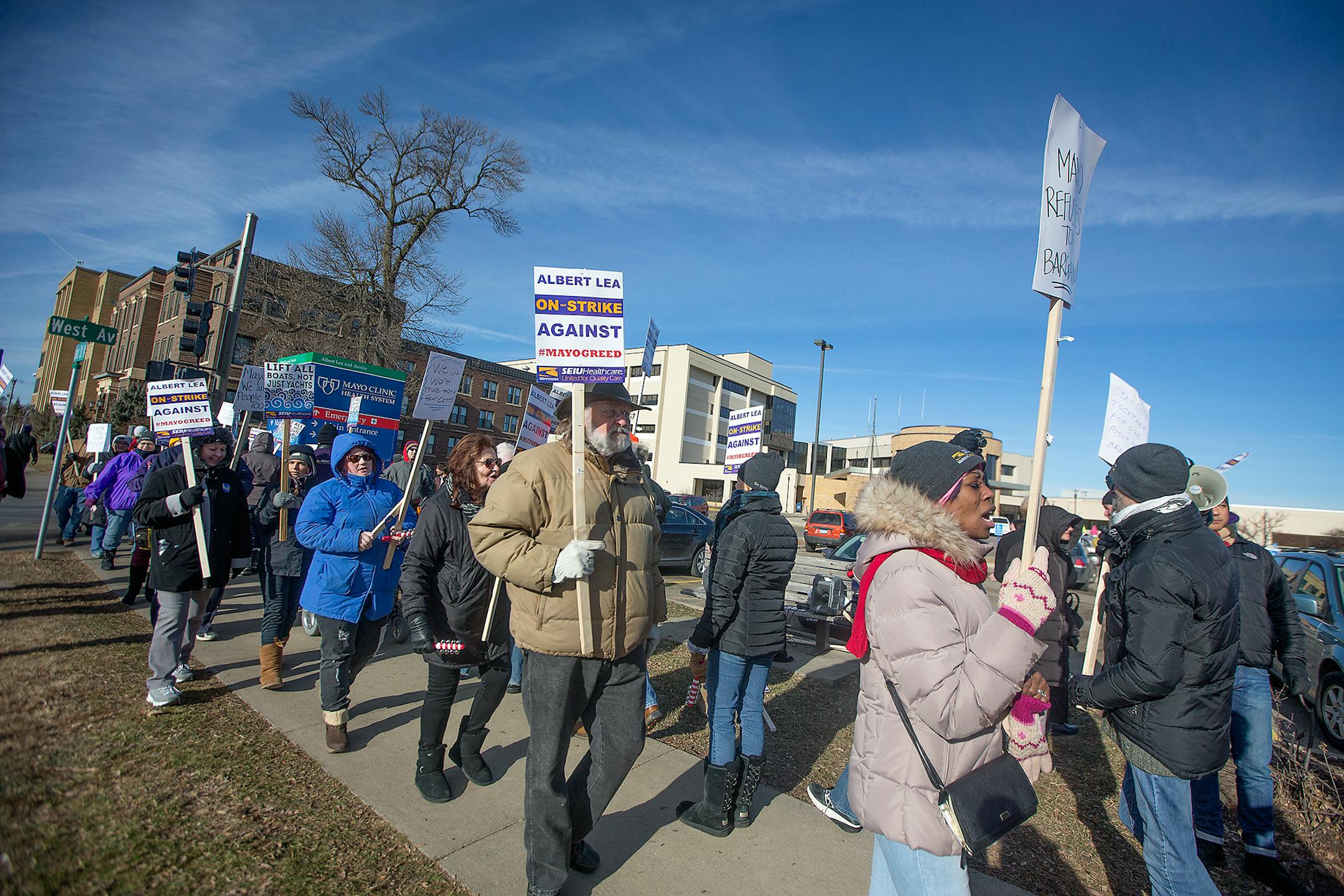 SEIU workers braved the cold wind as they staged a one-day strike at Mayo's hospital, Tuesday, December 19, 2017 in Albert Lea, MN. The strike is part of the ongoing labor-community uprising against Mayo's consolidation of its southern Minnesota hospitals.