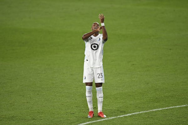 Minnesota United forward Mason Toye (23) reacted after a missed pass in his direction late in the second half against the Sporting Kansas City.
