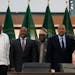 From left, Kenya's former president Uhuru Kenyatta, lead negotiator for Ethiopia's government, Redwan Hussein, African Union envoy Olusegun Obasanjo, 
