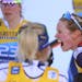 Afton’s Jessie Diggins celebrated at the finish line after winning Stage 3 of the women’s Tour de Ski, a 10-kilometer freestyle mass start, Friday