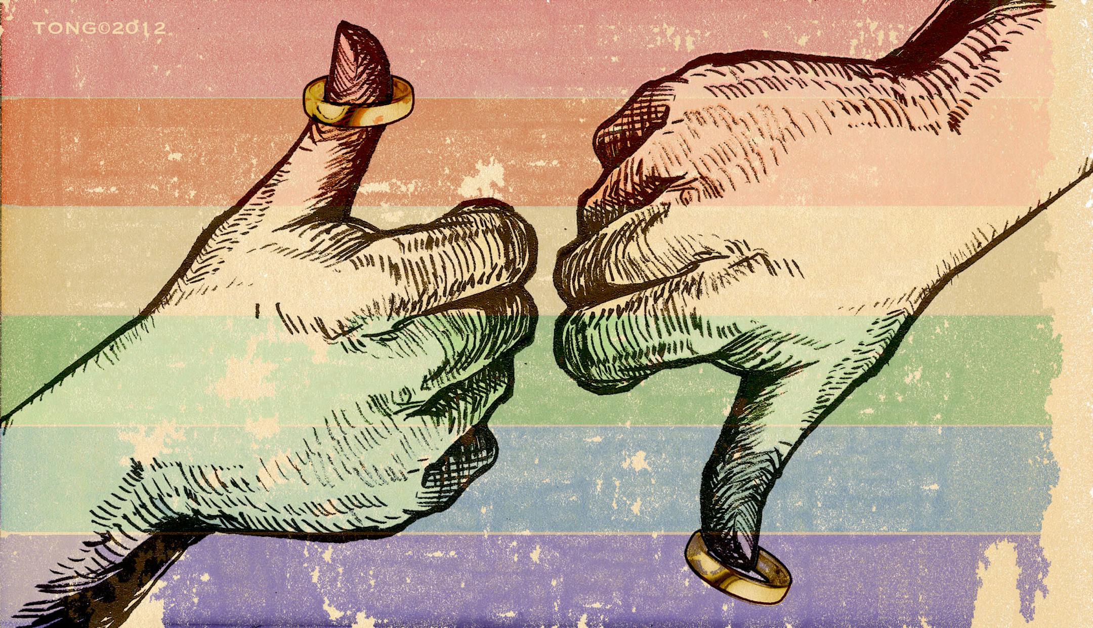 This artwork by Paul Tong relates to same-sex marriage.