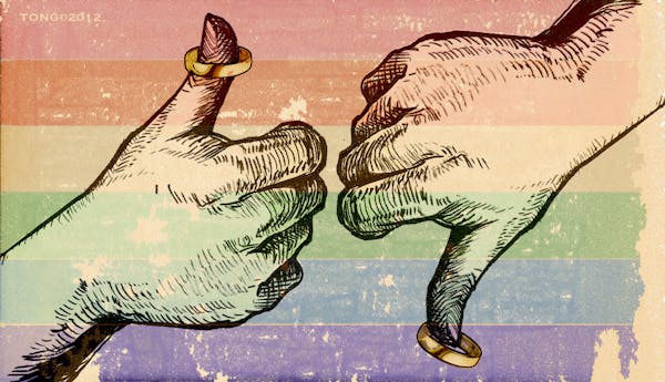 This artwork by Paul Tong relates to same-sex marriage.