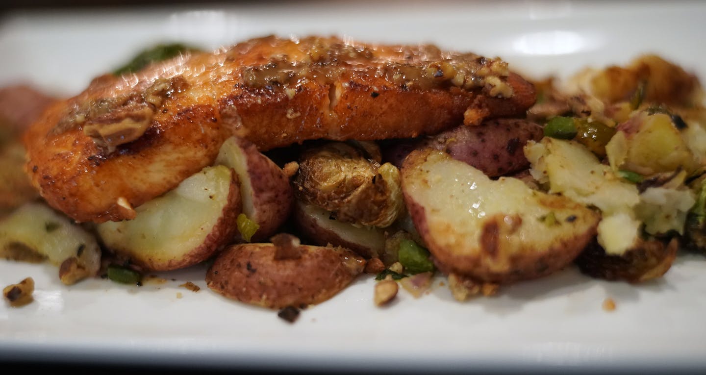 The pan seared salmon with local butter-maple reduction, candied pecans, red potatoes and brussel sprout fry up ] A full service restaurant from Jack Riebel (The Lexington, Butcher & the Boar) and a spectacular new foodcourt with more local offerings are some of the big food changes at MSP Airport.RICHARD TSONG-TAATARII &#xa5; richard.tsong-taatarii@startribune.com