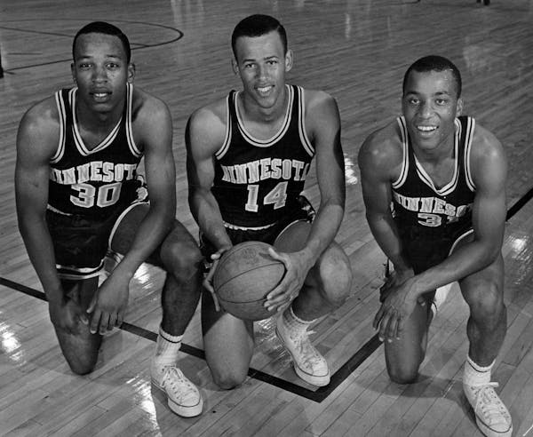 November 19, 1963 Don Yates (left), Louis Hudson (center), Archie Clark three of crop of promising sophomores for Minnesota cage team January 20, 1964