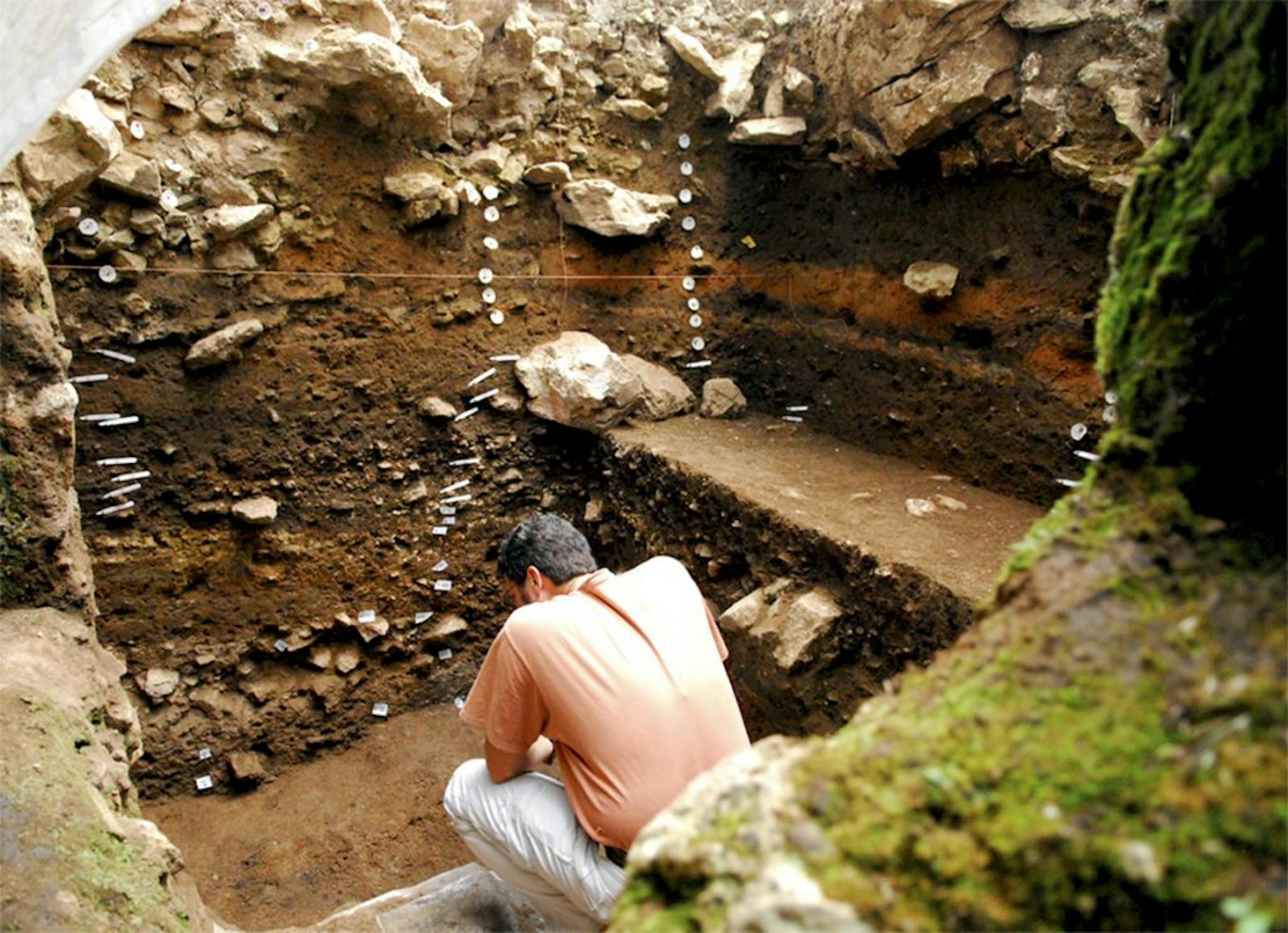 In an undated handout photo, Preston Miracle, an archaeologist at the University of Cambridge, working in a trench at a cave where 36 pieces of ancient ceramics were found in Croatia. The pieces, which are between 17,500 and 15,000 years old, make up the second largest collection found so far of the earliest human experiments with ceramic art. (Rebecca Farbstein via The New York Times) -- NO SALES; FOR EDITORIAL USE ONLY WITH STORY SLUGGED SCI ANCIENT CERAMICS BY ALANNA MITCHELL. ALL OTHER USE P
