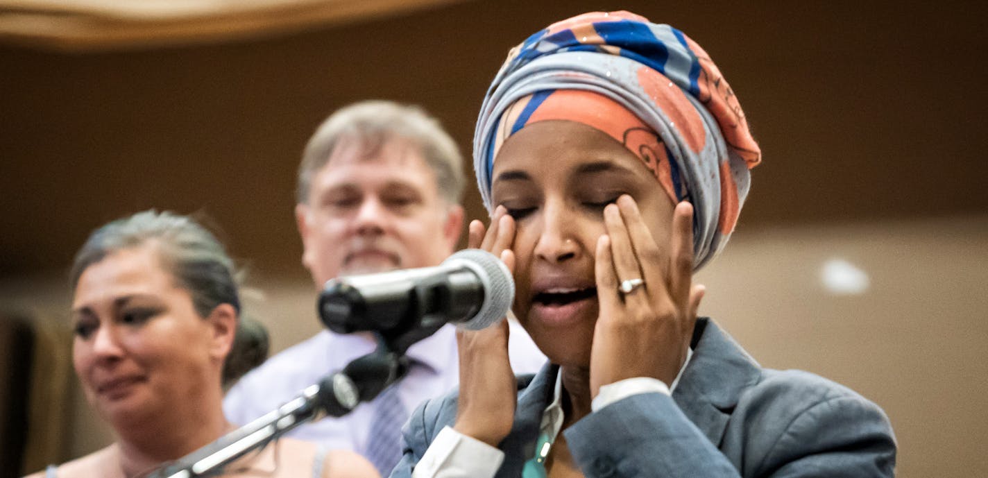 Rep. Ilhan Omar wiped away tears after winning the DFL endorsement. ] GLEN STUBBE &#x2022; glen.stubbe@startribune.com Sunday, June 17, 2018 At 12p.m., a special DFL endorsement convention to (in theory) pick an endorsed candidate for the Fifth Congressional District -- the seat currently held by U.S. Rep. Keith Ellison. The field of candidates includes state Rep. Ilhan Omar, former state House Speaker Margaret Anderson Kelliher and state Sen. Patricia Torres Ray. What's Happening at this time: