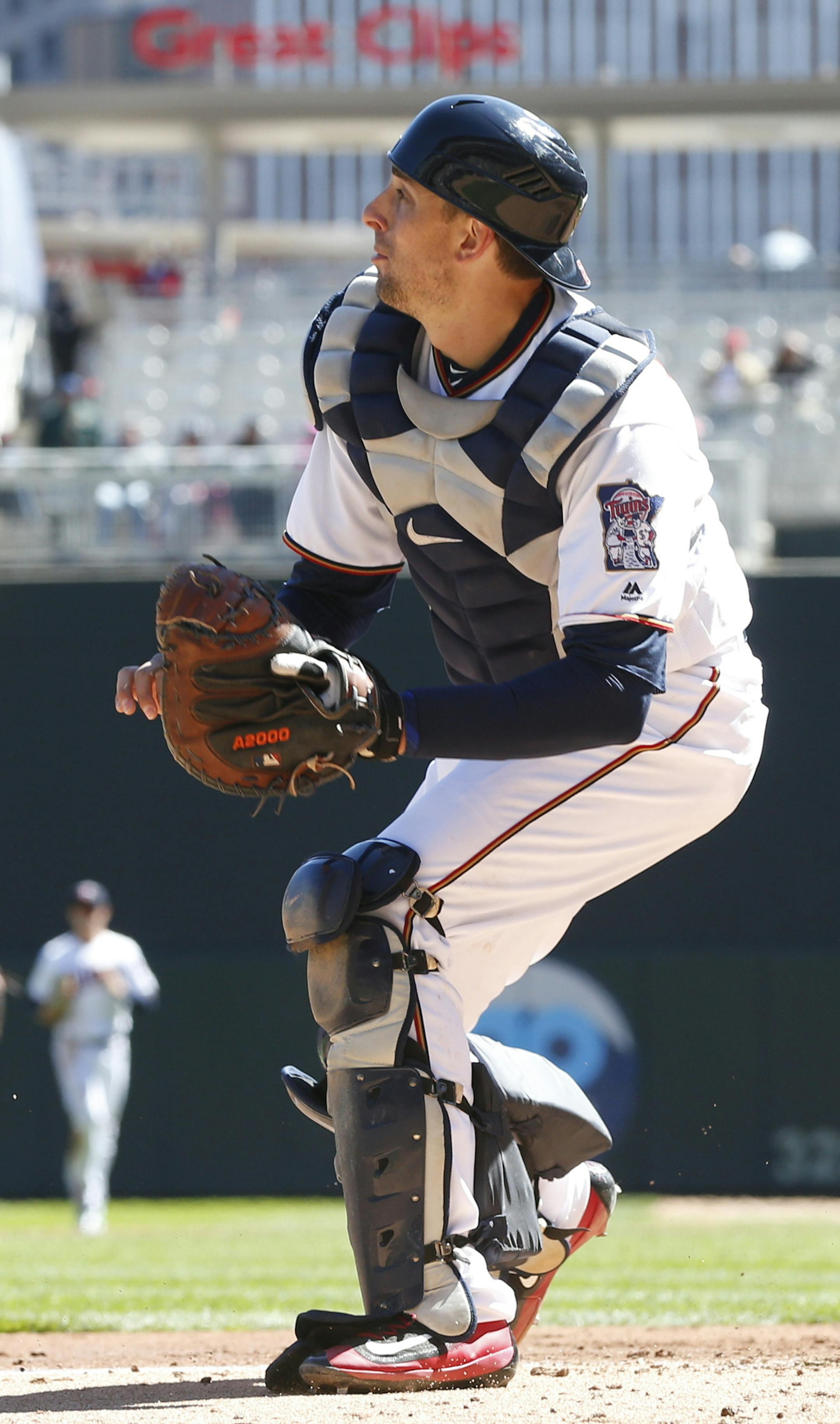 Minnesota Twins catcher Jason Castro waits for a throw to the plate against the Kansas City Royals in a baseball game Thursday, April 6, 2017, in Minneapolis. (AP Photo/Jim Mone) ORG XMIT: MNJM10