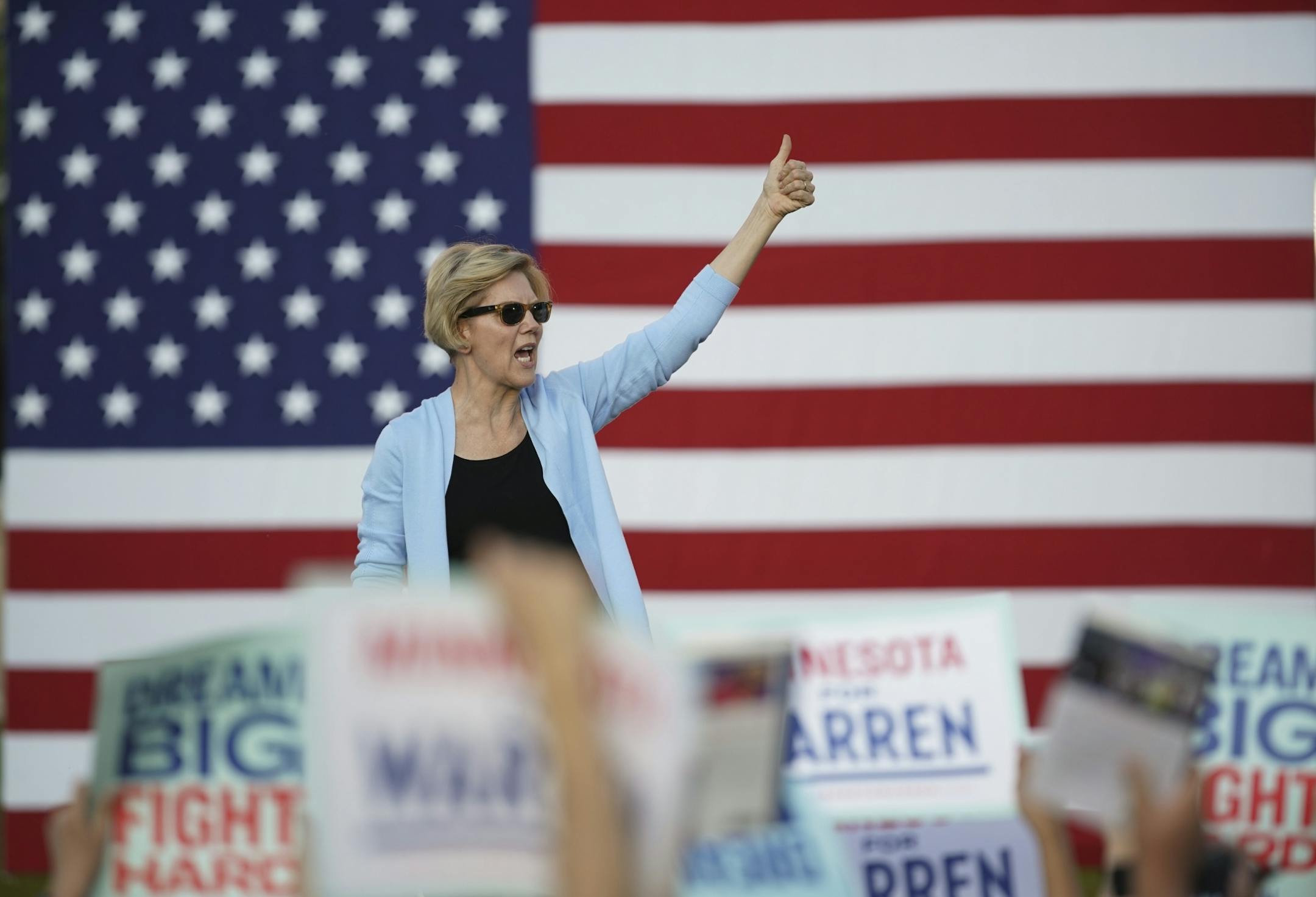 Sen. Elizabeth Warren during her her Town Hall on Shaw Field at Macalester College Monday evening.