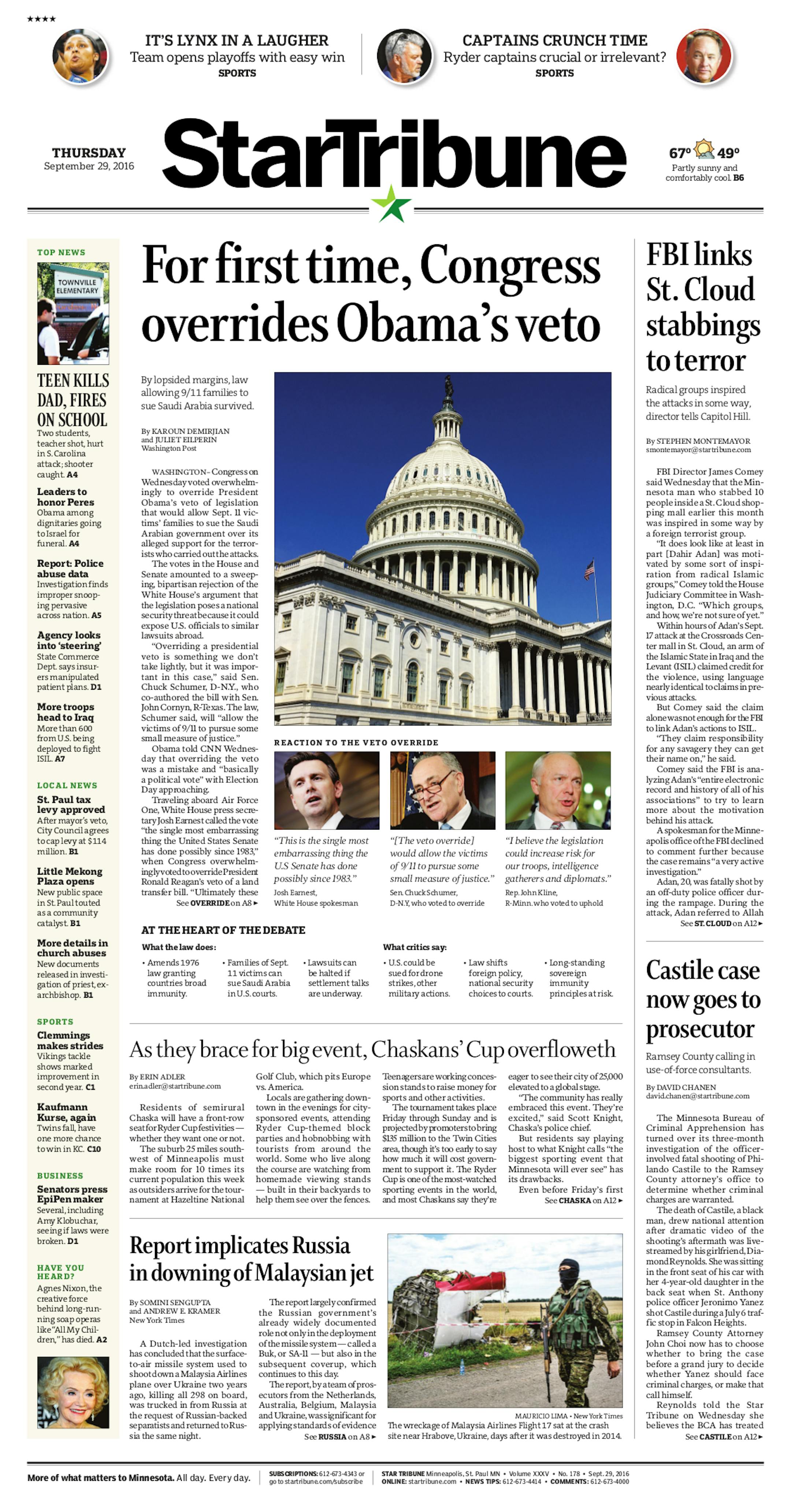 Here is a front page from the Star Tribune's print edition in the wake of a stabbing attack at a mall in St. Cloud.