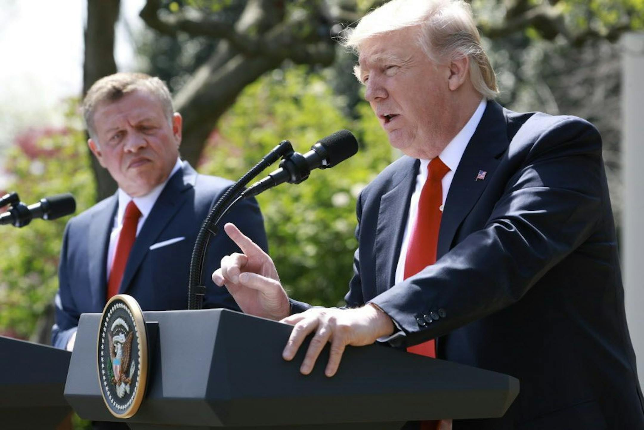 President Donald Trump speaks during a joint news conference with King Abdullah II of Jordan in the Rose Garden at the White House, in Washington, April 5, 2017.