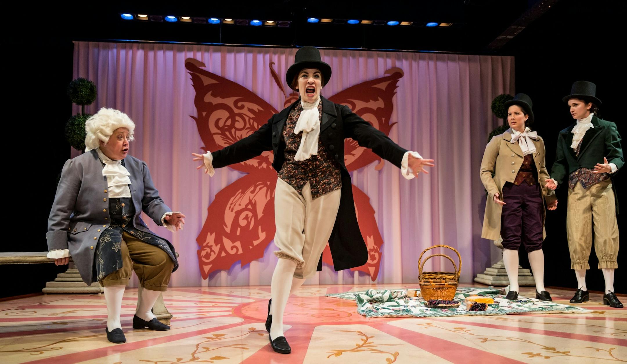 Briana Patnode, center, is “The Coward,” with Linda Sue Anderson, Suzie Juul and Shelby Rose Richardson in Walking Shadow’s cross-gender staging.