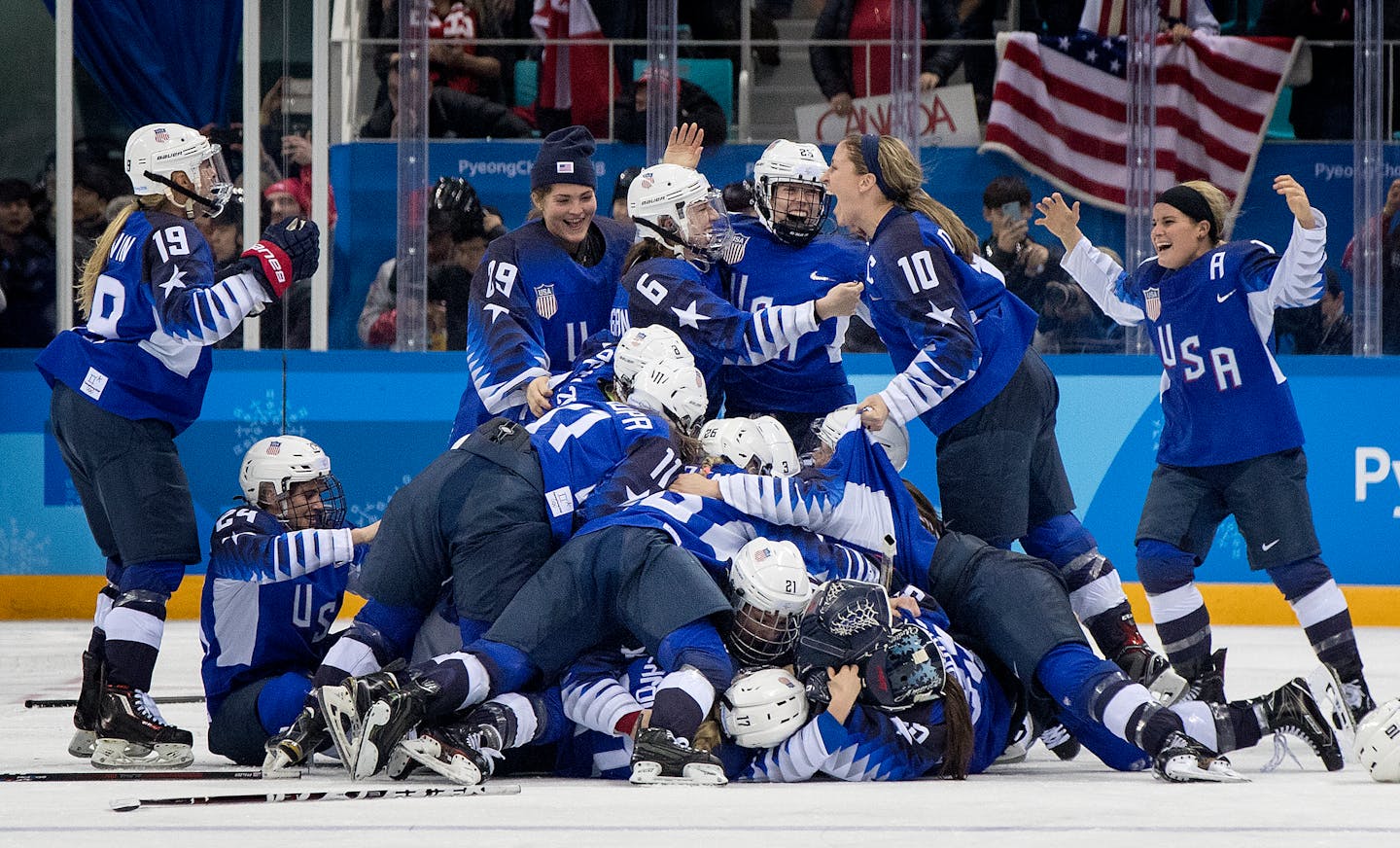 Team USA celebrated after beating Canada in a shootout to win the gold medal at the Pyeongchang Games.