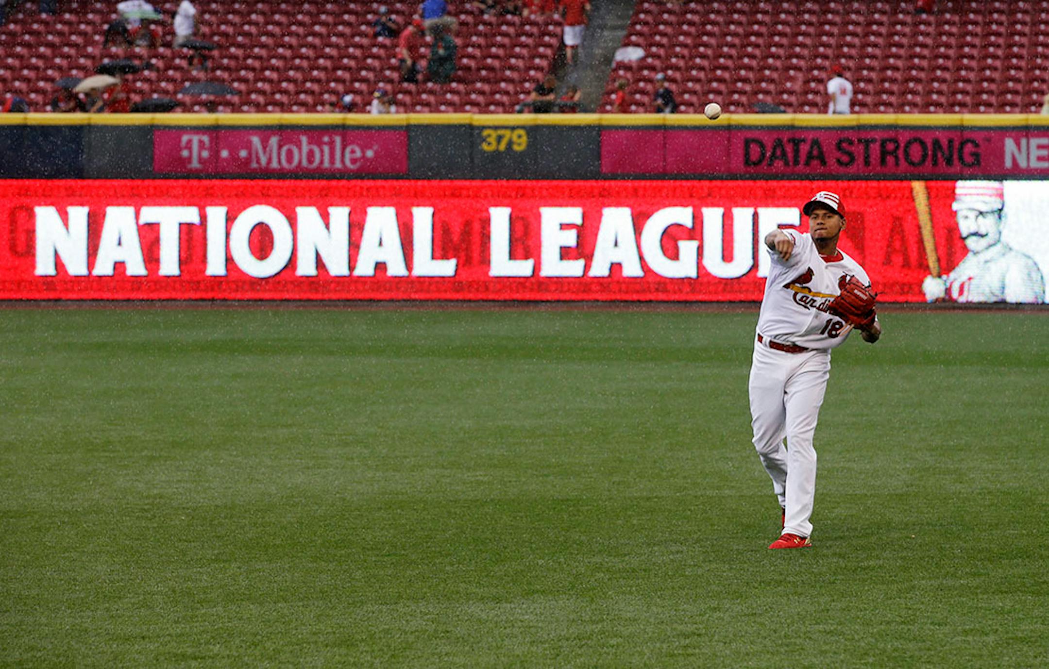 National League's Carlos Martinez, of the St. Louis Cardinals, throws before formal batting practice before the MLB All-Star baseball game, Tuesday, July 14, 2015, in Cincinnati.