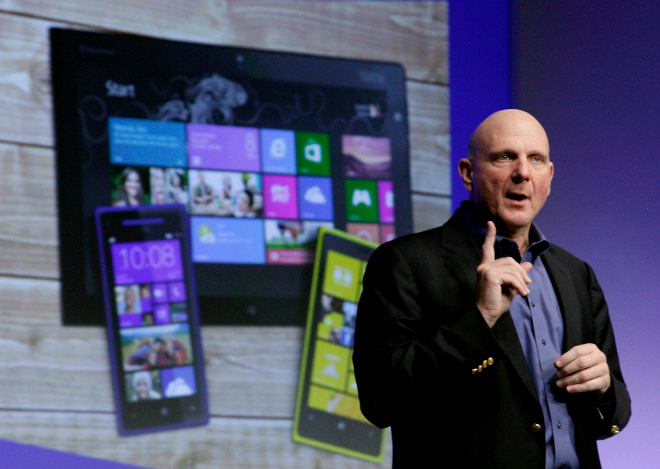 Microsoft CEO Steve Ballmer gives his presentation at the launch of Microsoft Windows 8, in New York, Thursday, Oct. 25, 2012. Windows 8 is the most dramatic overhaul of the personal computer market's dominant operating system in 17 years. (AP Photo/Richard Drew)