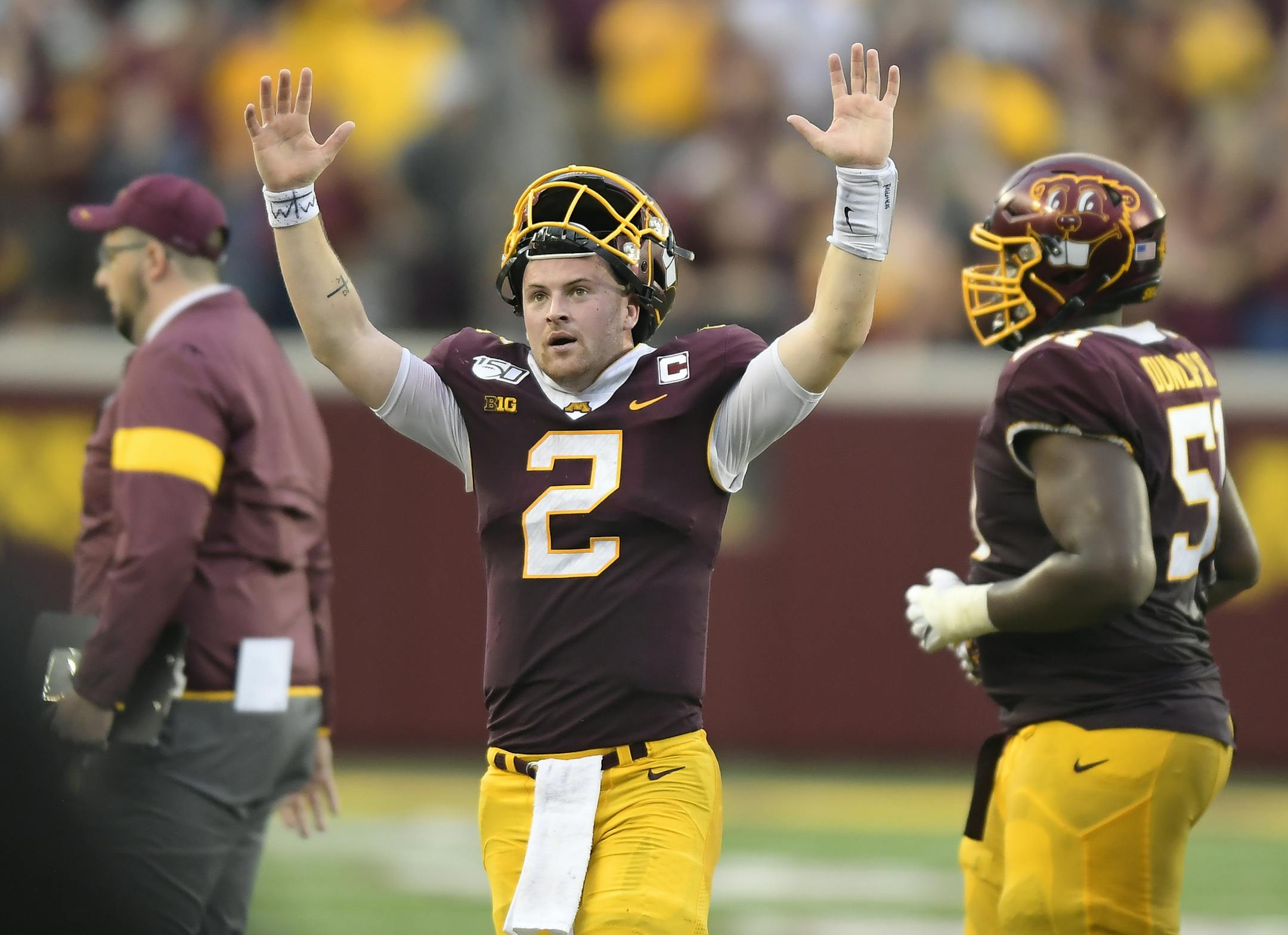 Gophers quarterback Tanner Morgan (2) celebrated after his game-winning touchdown throw to wide receiver Tyler Johnson (6) with :13 left in the fourth quarter. ] Aaron Lavinsky &#x2022; aaron.lavinsky@startribune.com The Gophers played Georgia Southern on Saturday, Sept. 14, 2019 at TCF Bank Stadium in Minneapolis, Minn.