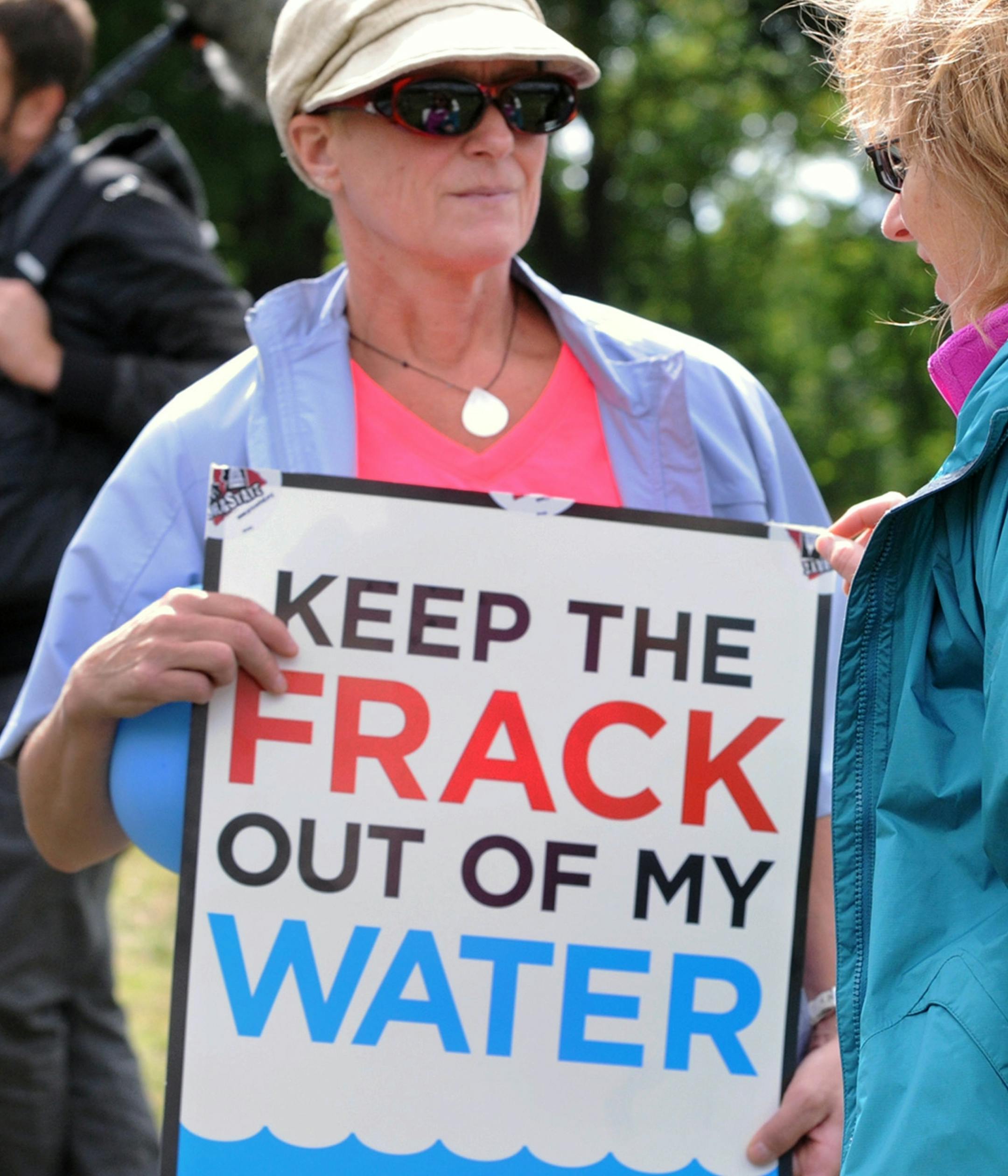 FILE--In this Sept. 22, 2012 file photo, environmental protection groups participate in a global Frackdown Day in PIttsburgh, calling for a moratorium on Shale Gas Drilling and the hydraulic fracturing process. Pennsylvania officials say there have been 370 complaints so far in 2013 alleging that oil or natural gas drilling polluted or diminished the flow of water to private water wells. But The Associated Press found that a lack of detail in the data make it almost impossible to judge whether t