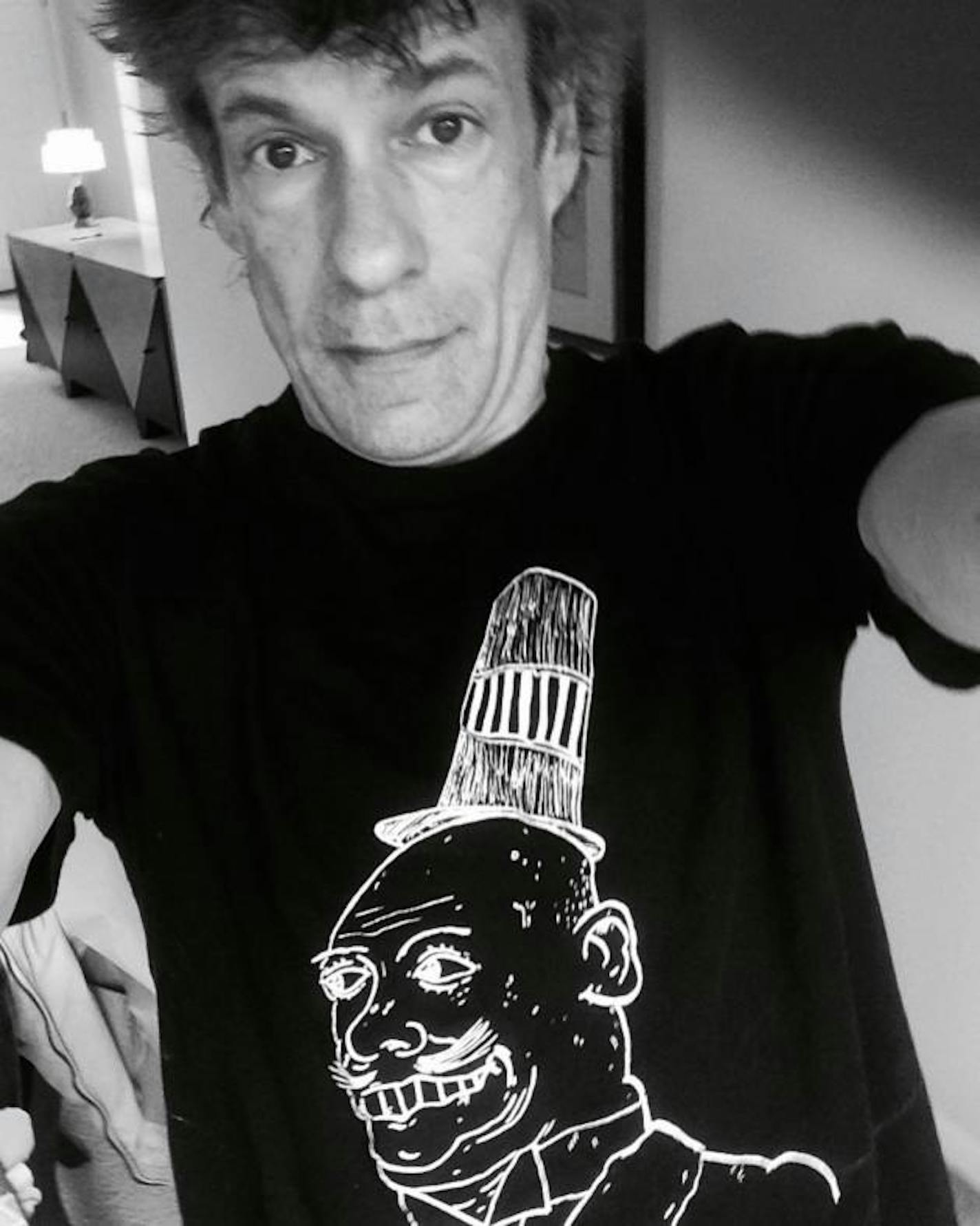 Paul Westerberg recently modeled a T-shirt created by Replacements reunion drummer Josh Freese's son. / From Josh Freese's Instagram