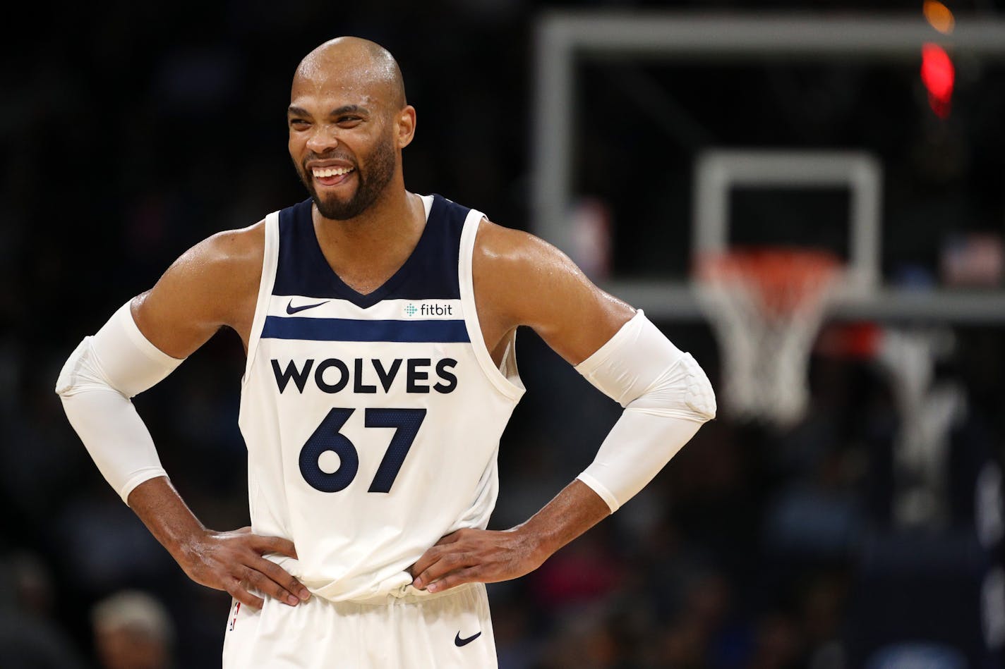 Minnesota Timberwolves forward Taj Gibson (67) smiled as he joked with an official at the start of the second half. ] ANTHONY SOUFFLE &#xef; anthony.souffle@startribune.com Game action from an NBA game between the Minnesota Timberwolves and the Dallas Mavericks Saturday, Nov. 4, 2017 at the Target Center in Minneapolis.