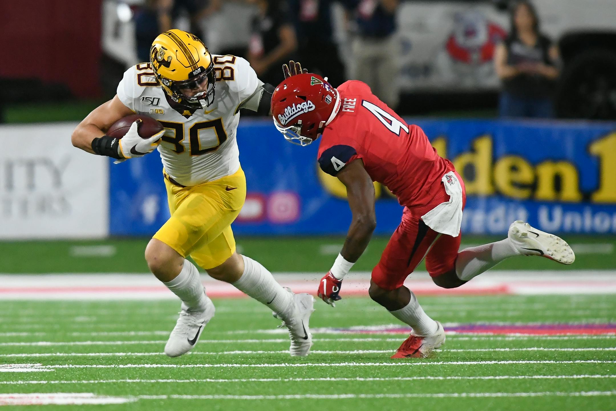 Gophers tight ends Jake Paulson (80) and Ko Kieft are banged up from injuries suffered against Nebraska last Saturday.
