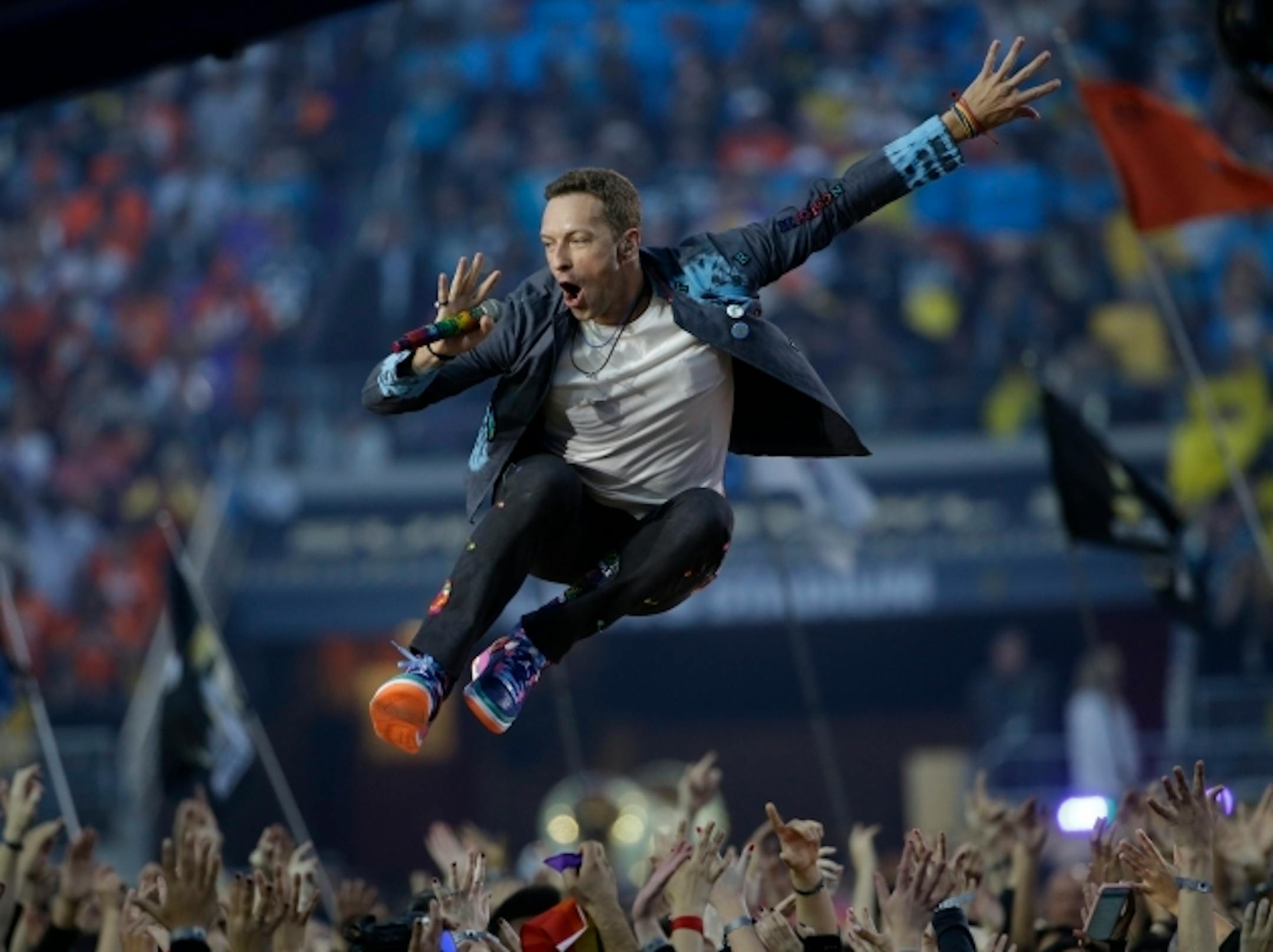 Chris Martin delivered a high-flying Super Bowl half-time show in San Francisco's Levi's Stadium in February. / Marcio Jose Sanchez, Associated Press
