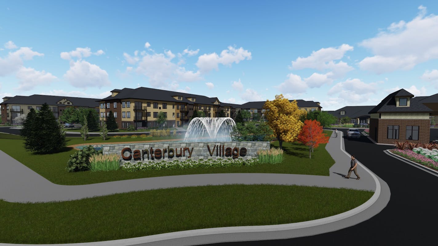 A rendering shows the entrance to Canterbury Village.