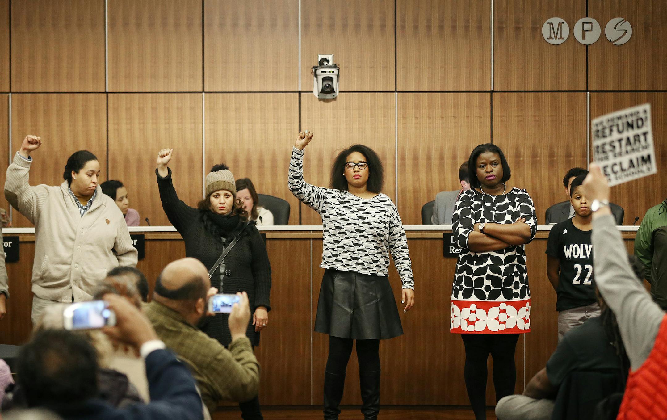 In the midst of a motion to select interim superintendent Michael Goar as the board's preferred candidate, protestors shut down the school board meeting. Tuesday January 12, 2016 in Minneapolis, MN. ] The Minneapolis school board will decide the fate of Sergio Paez, the man they selected to the lead the district. Jerry Holt/Jerry.Holt@Startribune.com