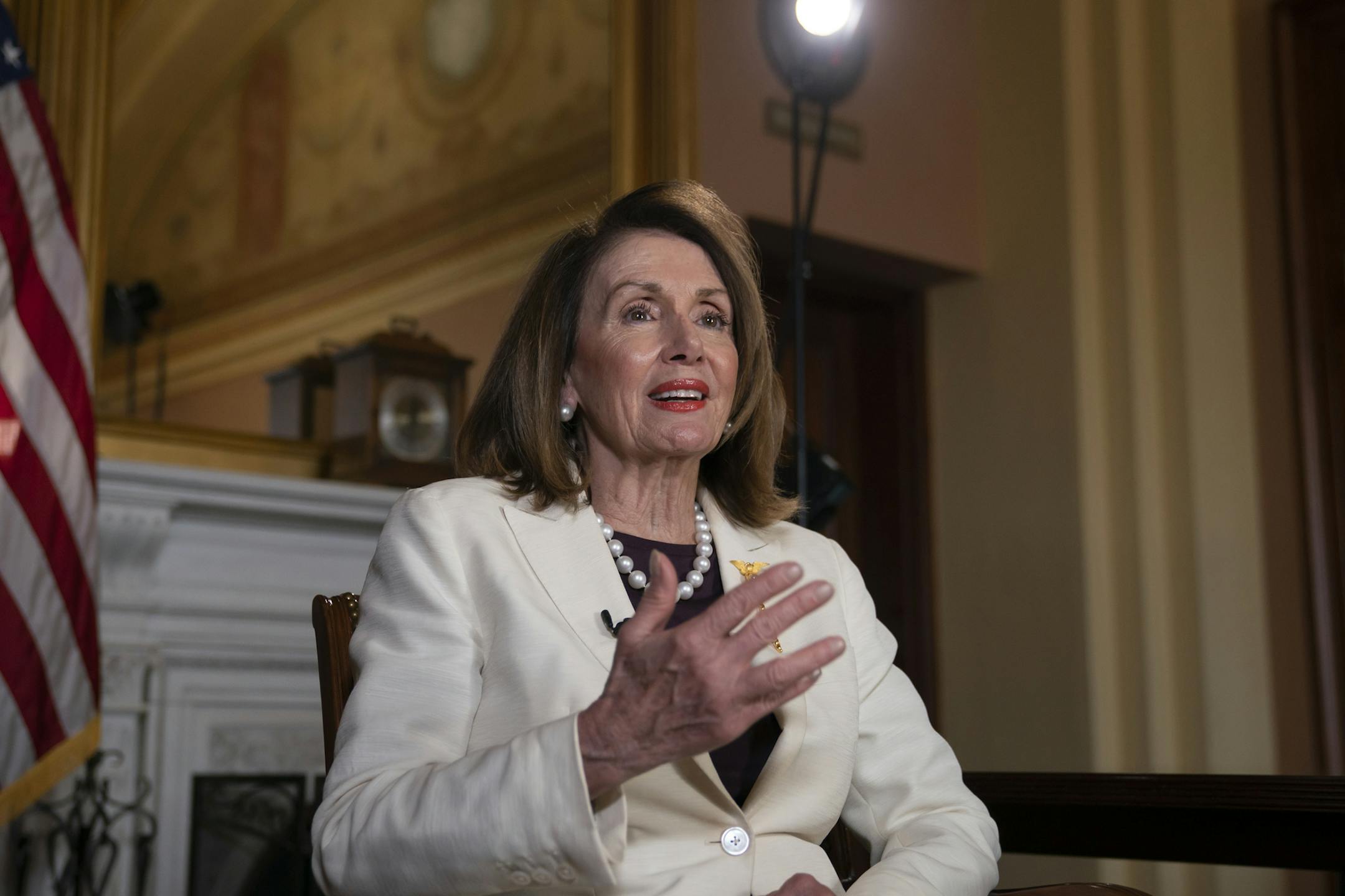 Speaker of the House Nancy Pelosi, D-Calif., speaks during an interview with The Associated Press in her office at the Capitol in Washington, Wednesday, April 10, 2019. Pelosi says she dialed up President Donald Trump recently and requested a meeting to talk about working together on an infrastructure package. Pelosi says she believes “the president truly wants to have an infrastructure bill.” (AP Photo/J. Scott Applewhite)
