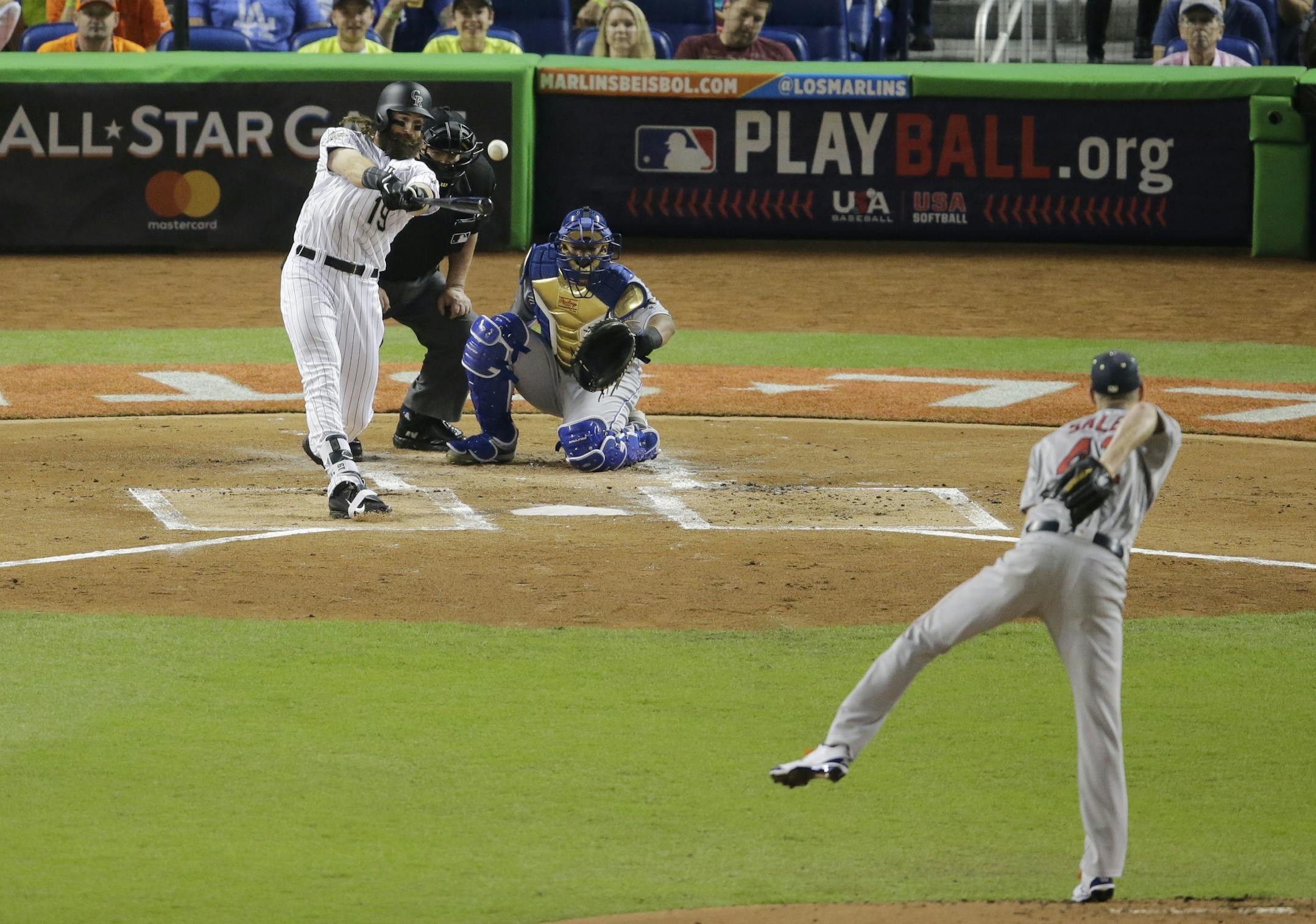 National League's Colorado Rockies Charlie Blackmon(19), hits during the first inning at the MLB baseball All-Star Game, Tuesday, July 11, 2017, in Miami.