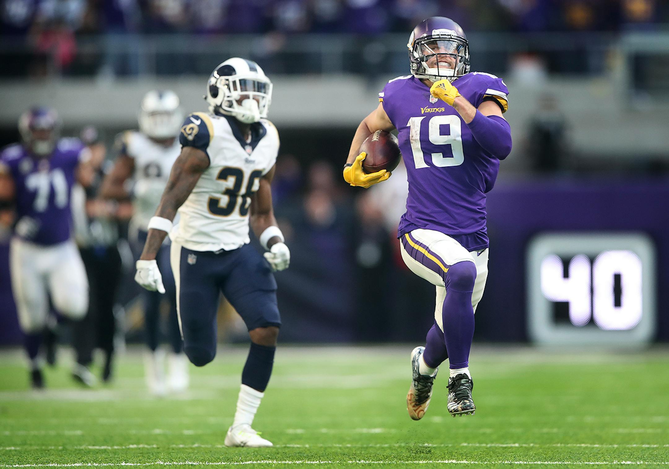 Minnesota Vikings wide receiver Adam Thielen (19) beat Los Angeles Rams corner back Dominique Hatfield down the field for 65 yard touch down in the fourth quarter at U.S. Bank Stadium Sunday November 19, 2017 in Minneapolis, MN.