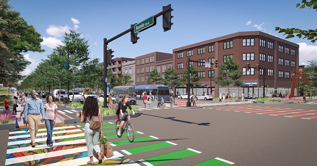 Renderings of proposal to turn Interstate 94 between the downtowns of Minneapolis and St. Paul into a boulevard.