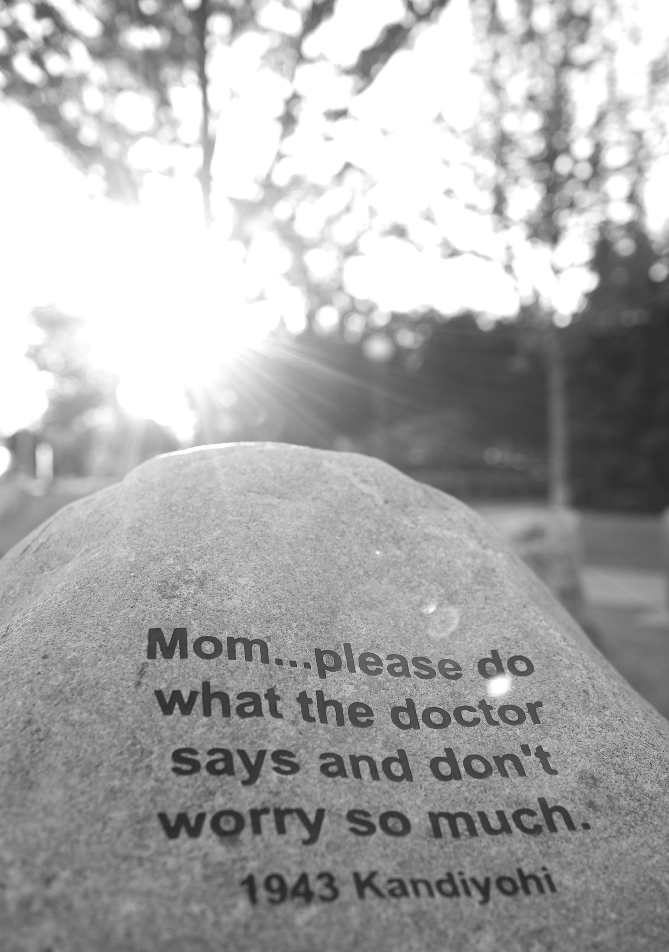 Detail of one of the Story Stones. ] JEFF WHEELER • jeff.wheeler@startribune.com The Military Family Tribute on the grounds of the State Capitol include a small collection of boulders called Story Stones that bear inscriptions of poignant snippets of correspondence between Minnesota servicemen and women and their families. There are 87 boulders - one for each Minnesota county - in the memorial, which was dedicated last June. The story stones were photographed on Wednesday evening, May 18,
