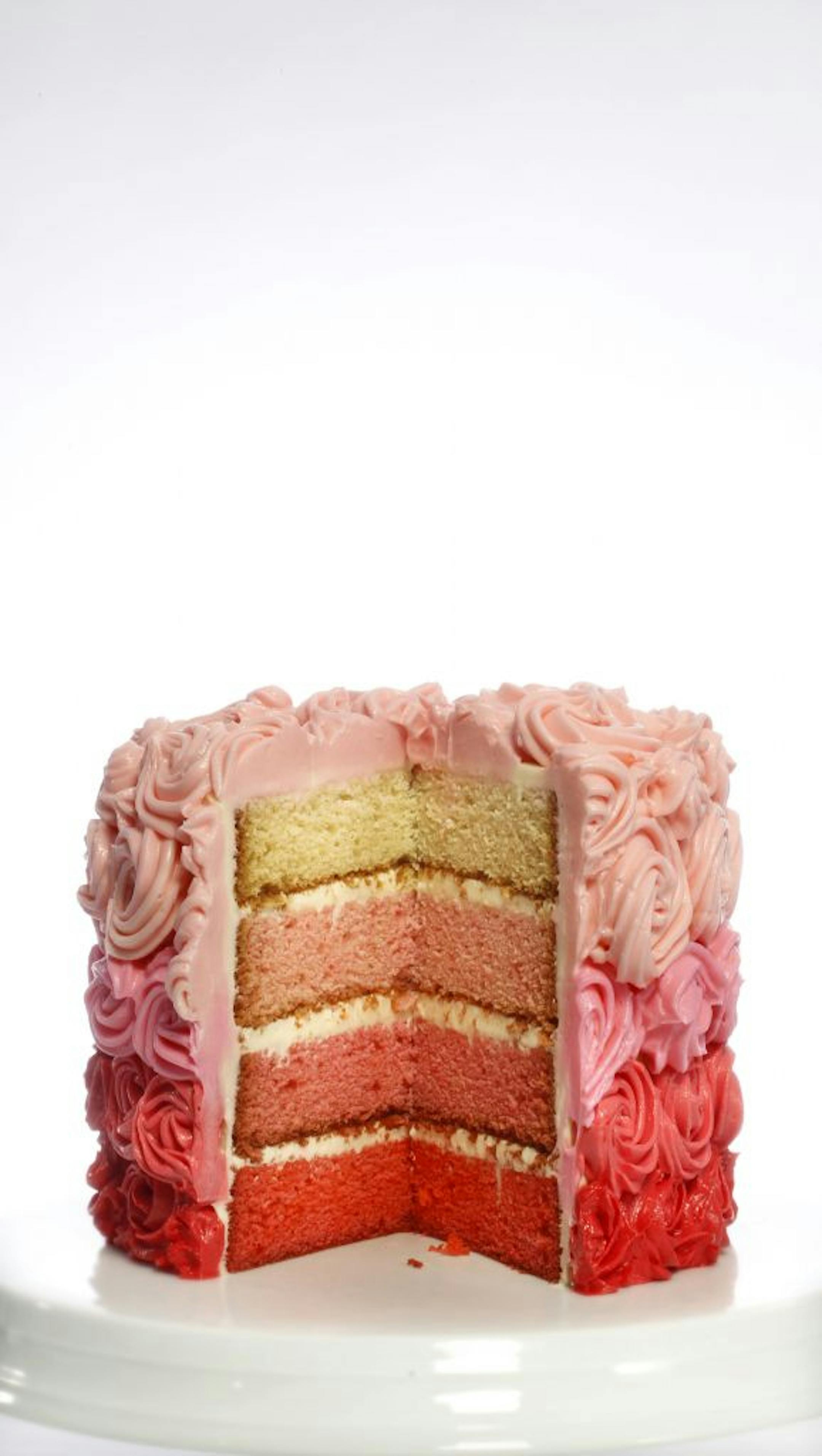 Shades of buttercream frosting piped into rosettes gives this cake an elegant look.