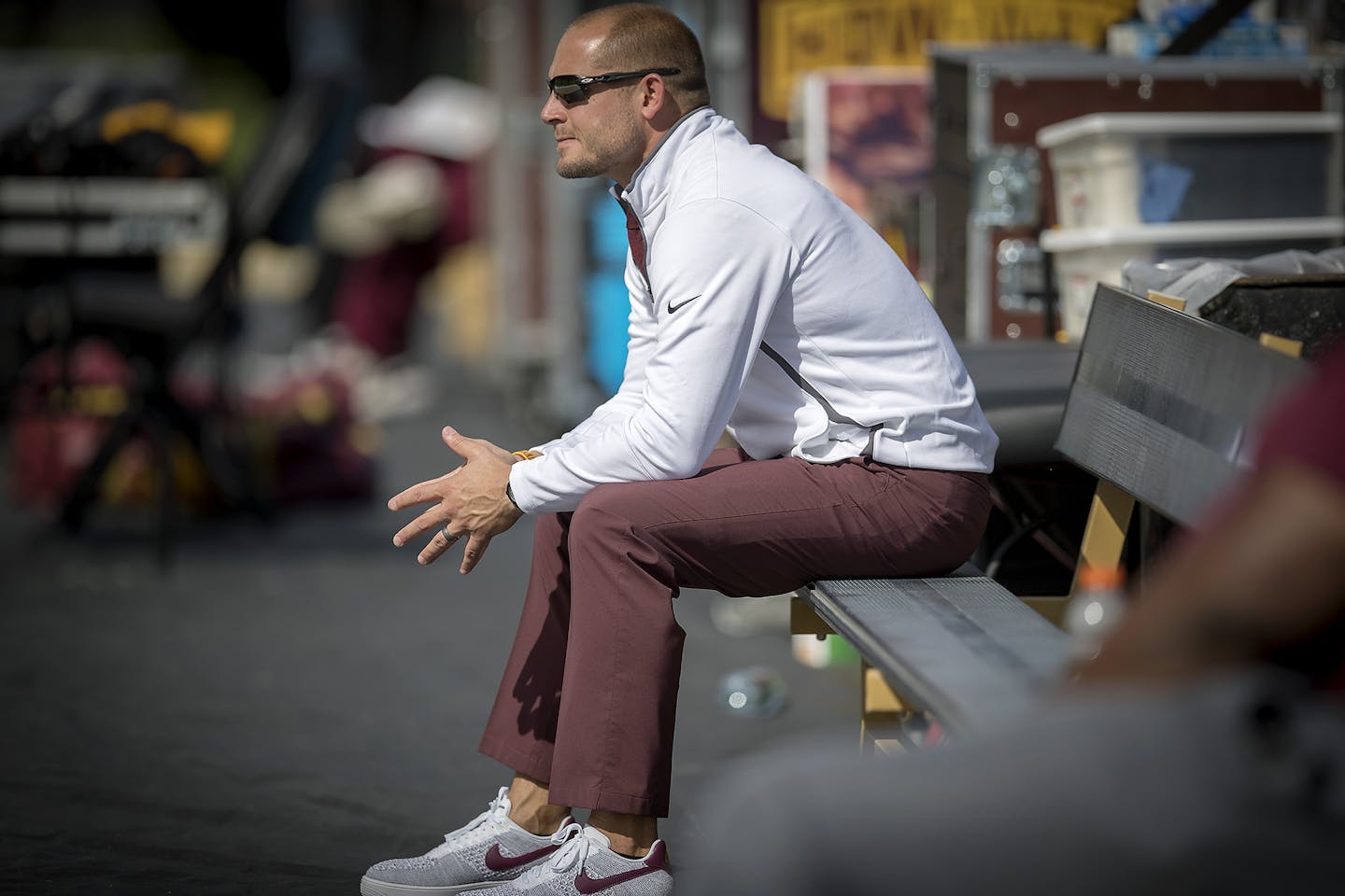 Minnesota's Head Coach P. J. Fleck sat on the bench and watched the kickers before the Gophers took on Purdue at Ross&#xf1;Ade Stadium, Saturday, October 7, 2017 in West Lafayette, IN. ] ELIZABETH FLORES &#xef; liz.flores@startribune.com