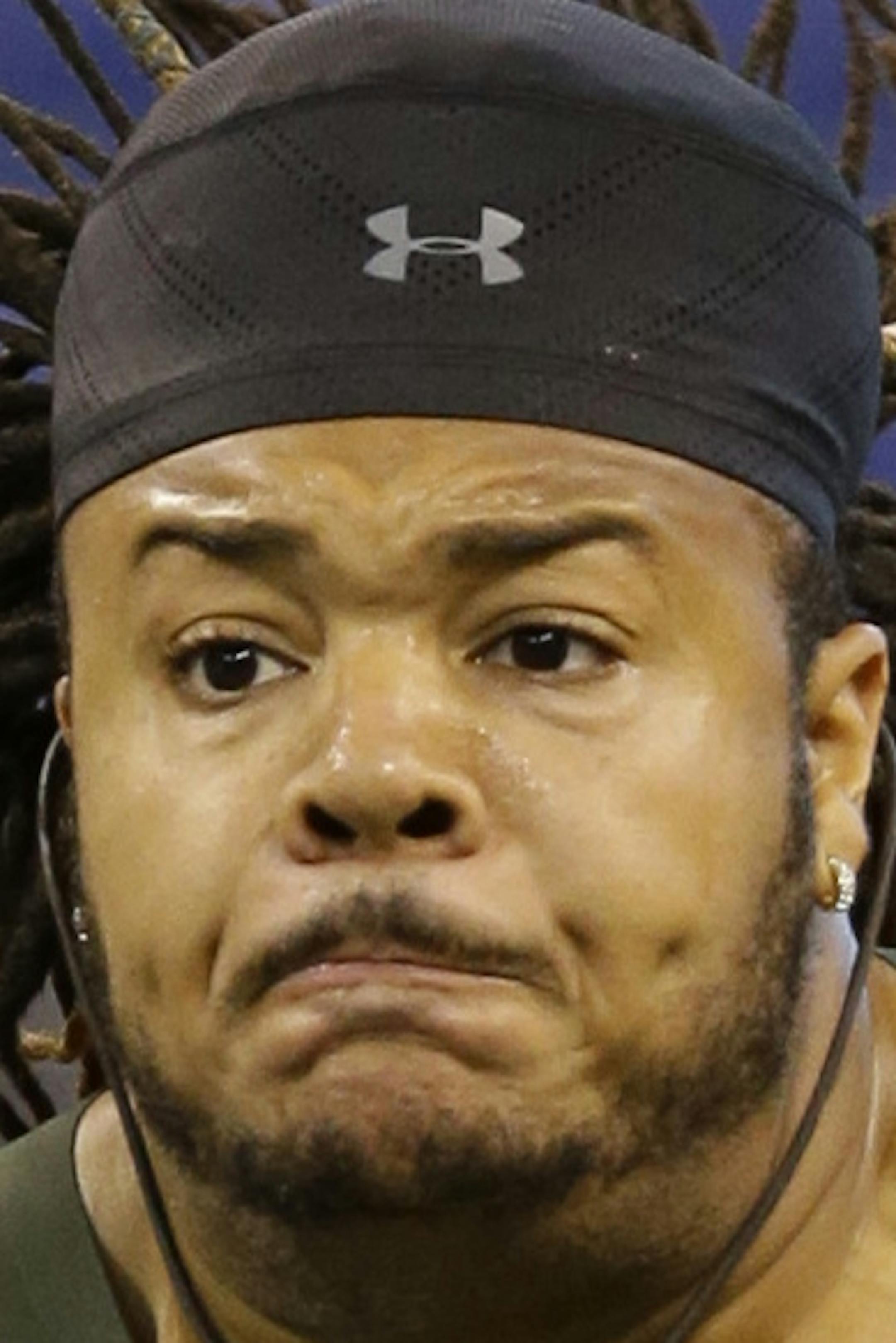 North Dakota State offensive lineman Billy Turner runs a drill at the NFL football scouting combine in Indianapolis, Saturday, Feb. 22, 2014. (AP Photo/Michael Conroy) ORG XMIT: NYOTK