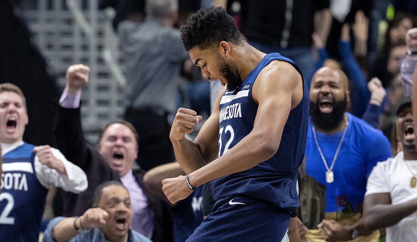 Minnesota Timberwolves Karl-Anthony Towns (32) reacted after scoring in the third quarter. ] CARLOS GONZALEZ &#xef; cgonzalez@startribune.com &#xf1; April 21, 2018, Minneapolis, MN, Target Center, NBA Playoffs, Basketball, Minnesota Timberwolves vs. Houston Rockets, Game 3