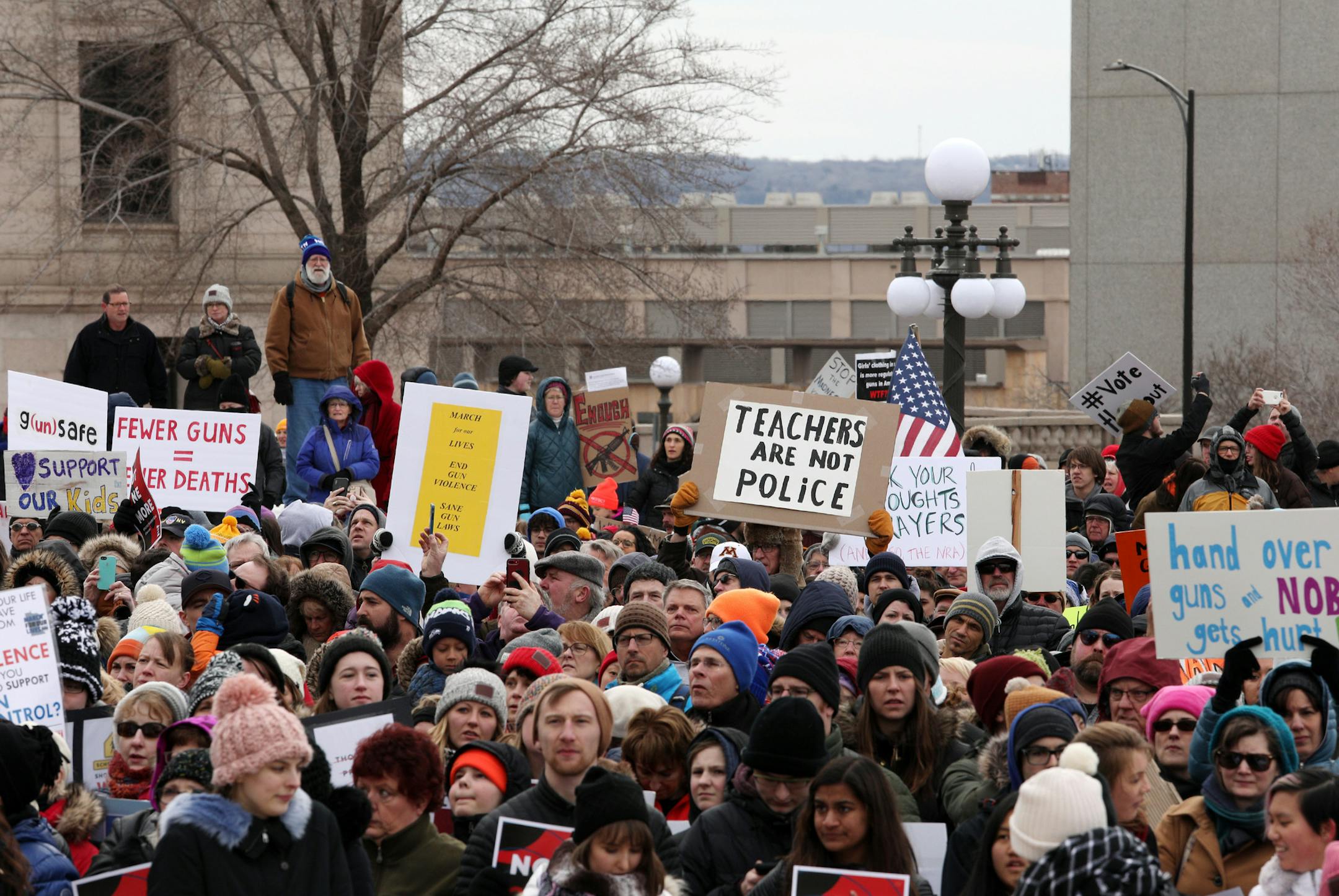 Thousands of Minnesota students and other supporters of gun control stood at the State Capitol for a rally as part of the national March for Our Lives event. ] ANTHONY SOUFFLE &#xef; anthony.souffle@startribune.com Thousands of Minnesota students and other supporters of gun control marched Saturday, March 24, 2018 from Harriet Island in St. Paul to the State Capitol for a rally. The event is part of student-led movement dubbed March for Our Lives. The Minnesota March was but one of many "sibling